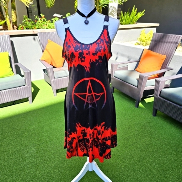 Witchy Gothic ✦ Skull & Pentacle Print A-Line Dress ✦ O-Ring Straps ✦ Red/Black - Picture 3 of 17